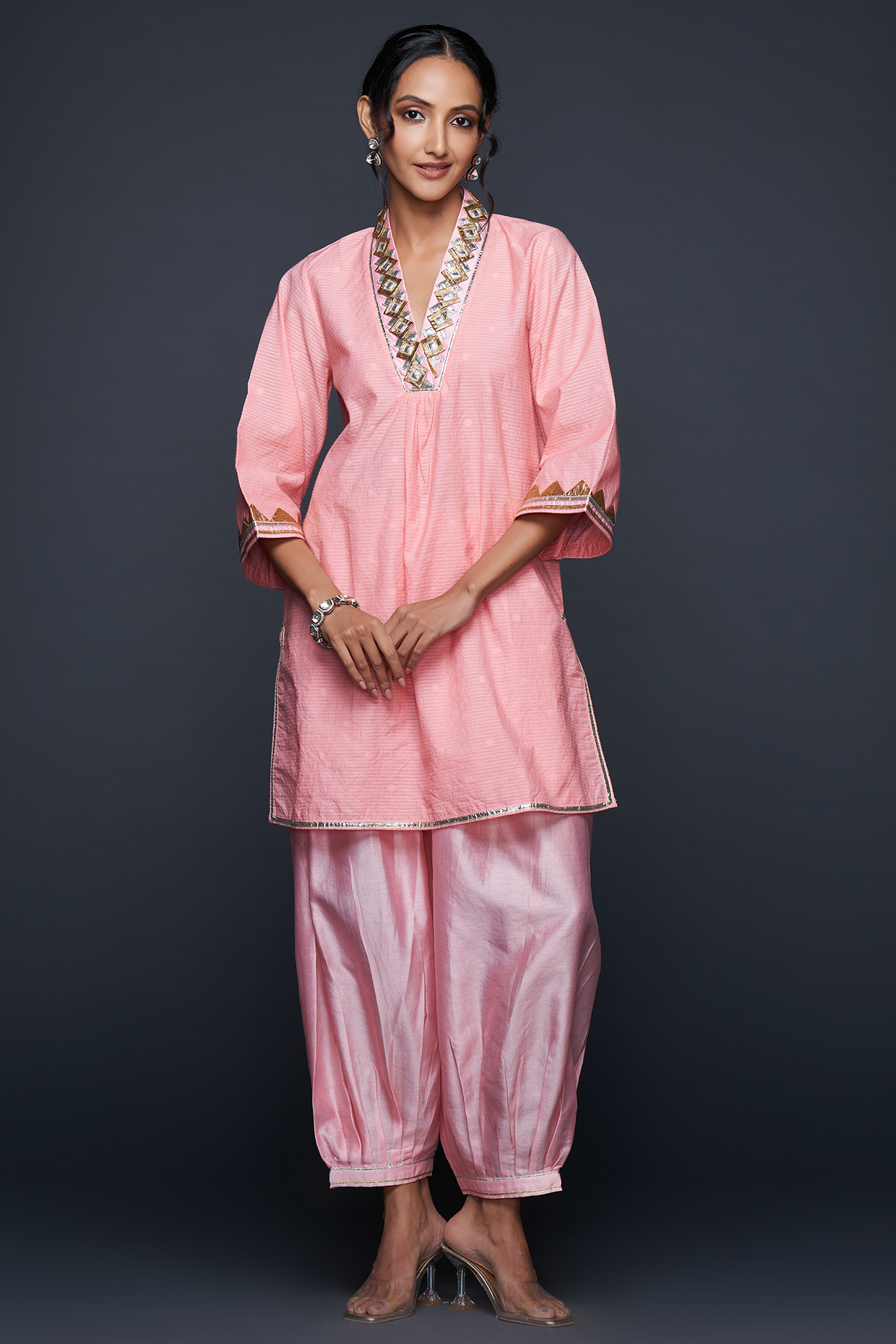 Peach Jamdani Gota Applique Tunic by Gulabo By Abu Sandeep at Pernia's Pop Up Shop
