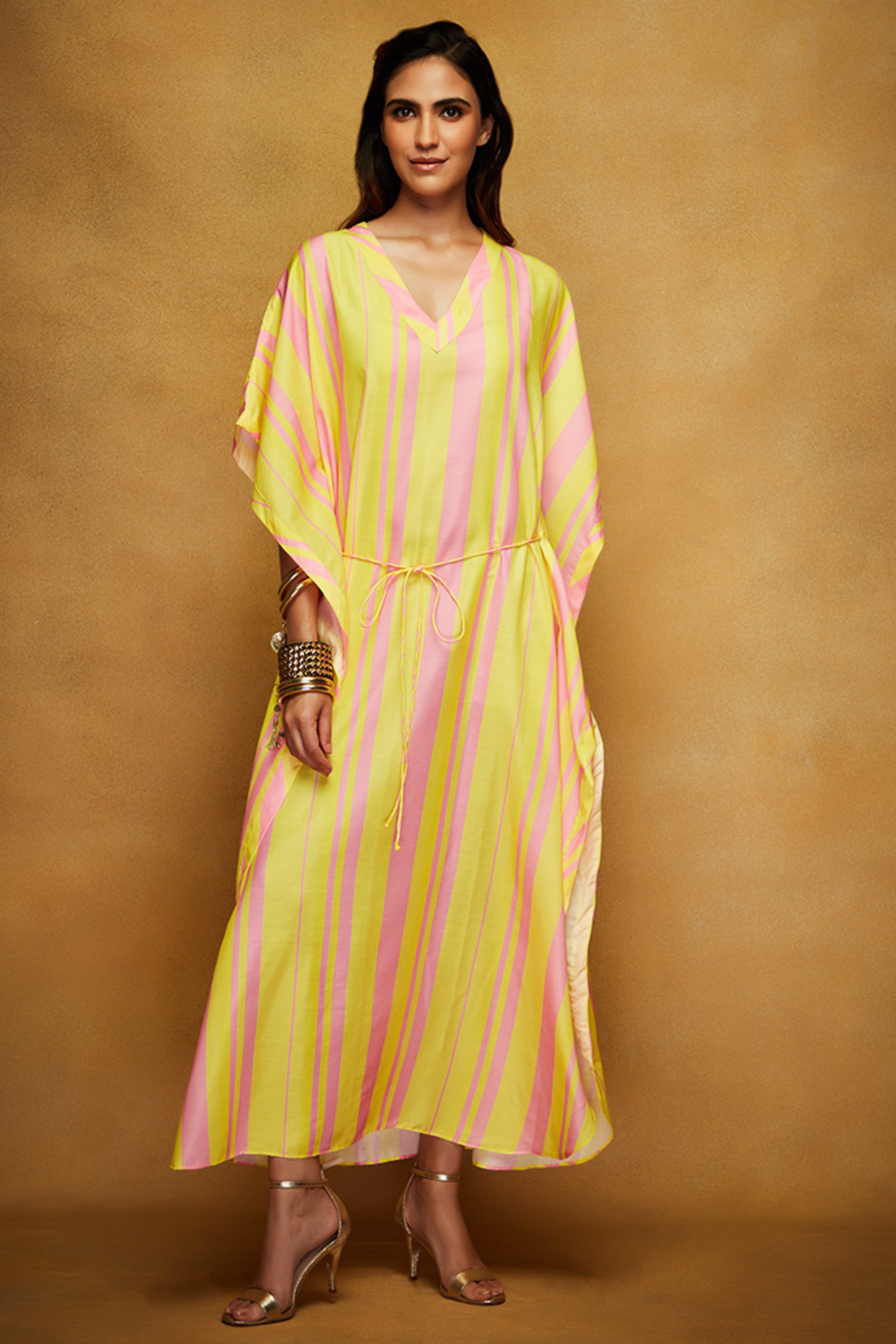 Yellow & Pink Printed Kaftan by Gulabo By Abu Sandeep at Pernia's Pop Up Shop