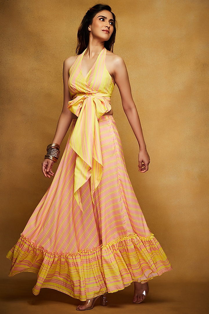 Yellow & Pink Printed Ruffled Skirt by Gulabo By Abu Sandeep