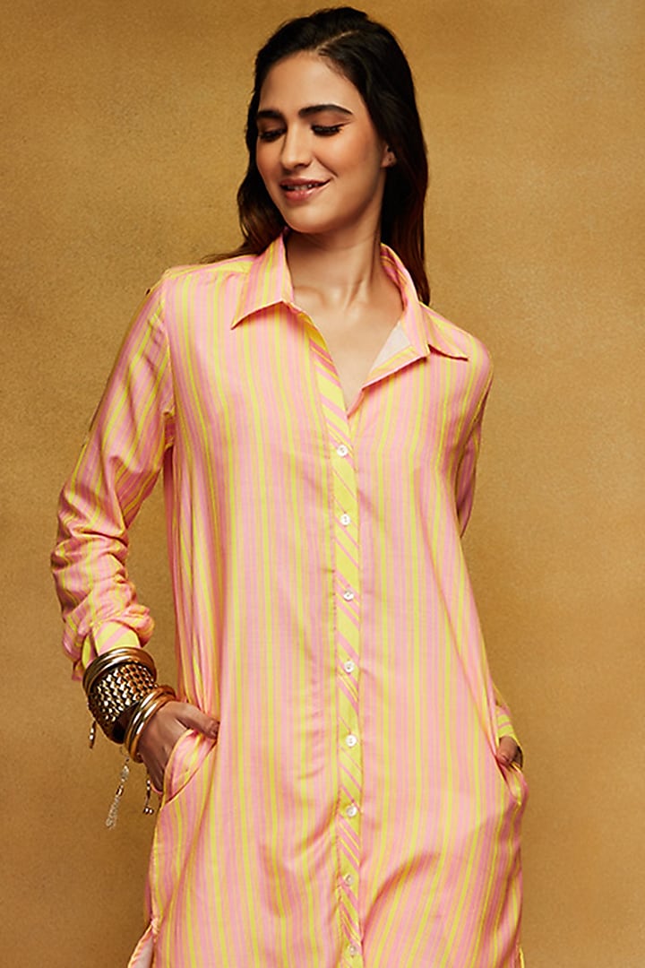 Pink & Yellow Striped Tunic by Gulabo By Abu Sandeep