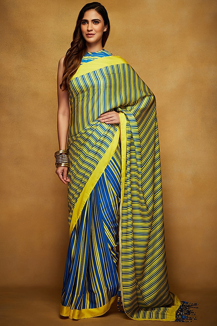 Yellow & Blue Printed Saree Set by Gulabo By Abu Sandeep
