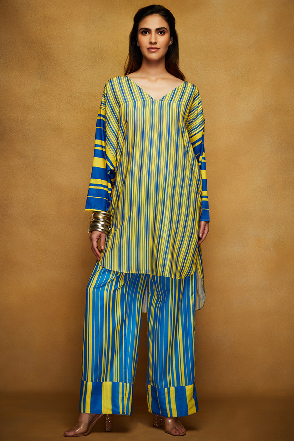 Blue & Yellow Striped Kimono Kurta by Gulabo By Abu Sandeep at Pernia's Pop Up Shop