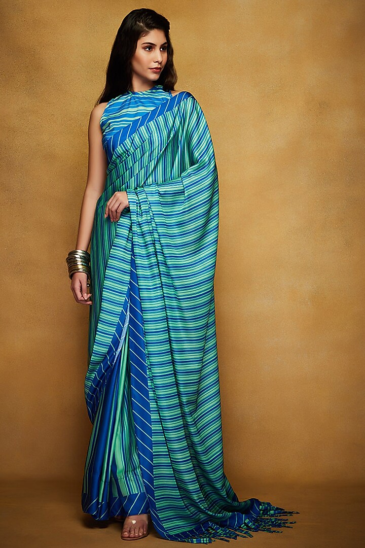 Green & Blue Printed Saree Set by Gulabo By Abu Sandeep