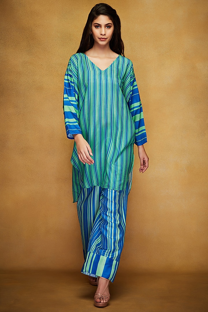 Blue & Green Printed Kimono Kurta by Gulabo By Abu Sandeep