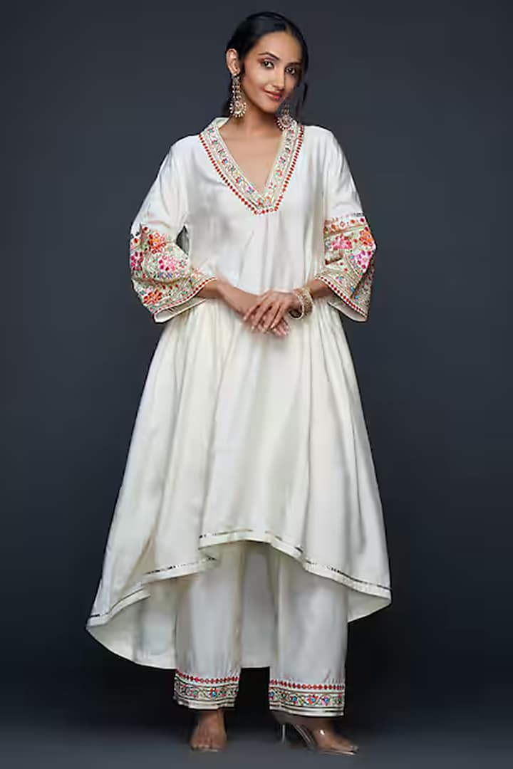 Off-White Viscose & Chanderi Silk Mirror Work Pants by Gulabo By Abu Sandeep at Pernia's Pop Up Shop