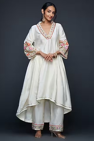 Off-White Viscose & Chanderi Silk Mirror Work Pants by Gulabo By Abu Sandeep