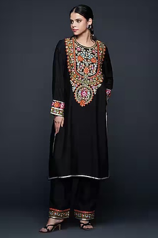 Black Viscose & Chanderi Silk Mirror Work Pants by Gulabo By Abu Sandeep