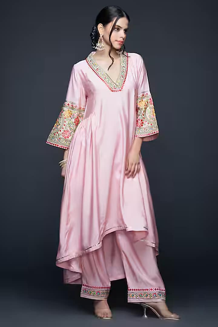 Light Pink Viscose & Chanderi Silk Mirror Work Pants by Gulabo By Abu Sandeep at Pernia's Pop Up Shop