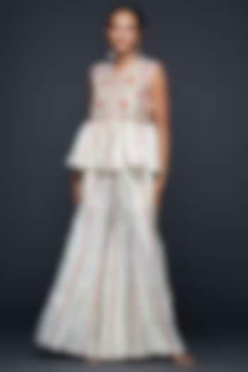 Off-White Viscose & Chanderi Silk Mirror Work Flared Pants by Gulabo By Abu Sandeep at Pernia's Pop Up Shop