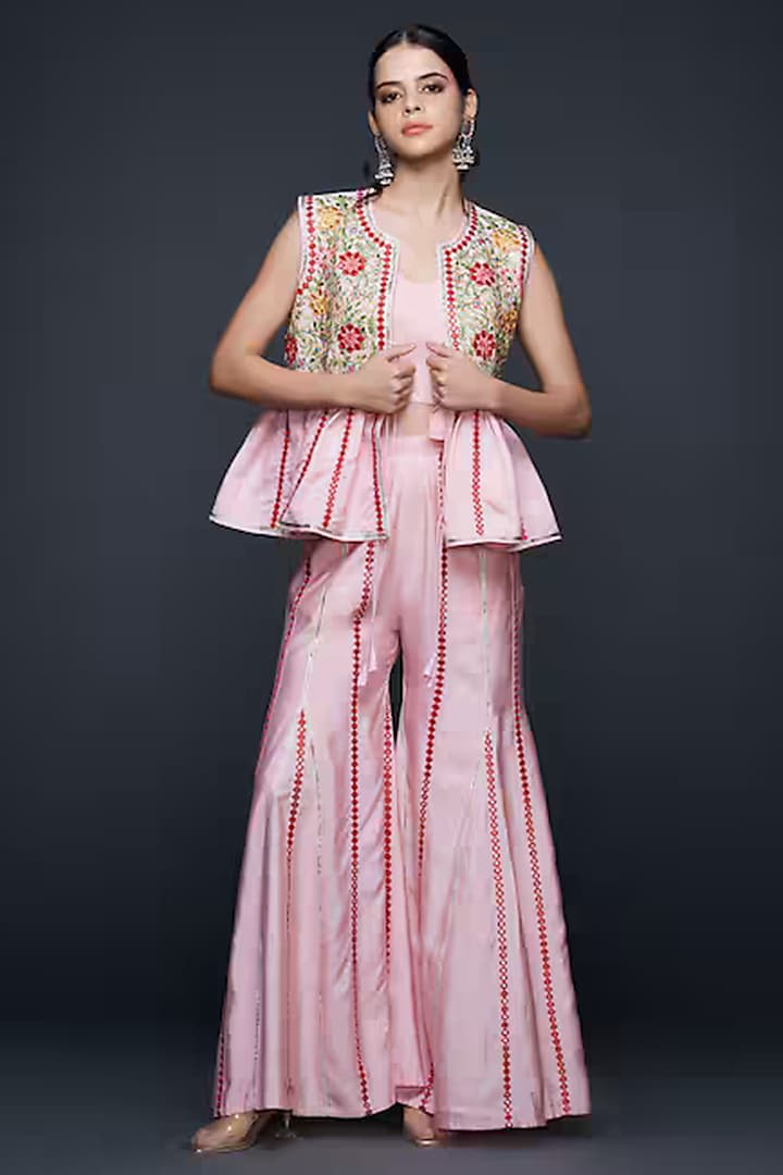 Light Pink Viscose & Chanderi Silk Mirror Work Flared Pants by Gulabo By Abu Sandeep at Pernia's Pop Up Shop
