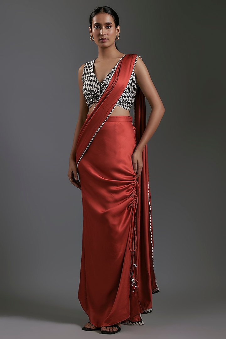 Red Modal Satin Draped Party Wear Saree by Gulabo By Abu Sandeep at Pernia's Pop Up Shop