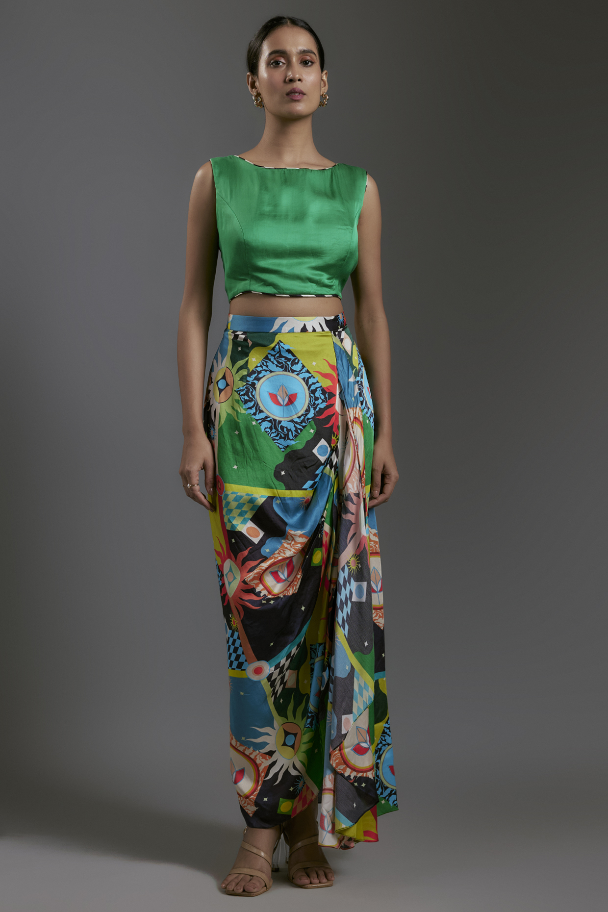 Multi-Colored Modal Satin Printed Pleated Skirt by Gulabo By Abu Sandeep at Pernia's Pop Up Shop