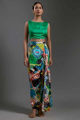 Multi-Colored Modal Satin Printed Pleated Skirt by Gulabo By Abu Sandeep
