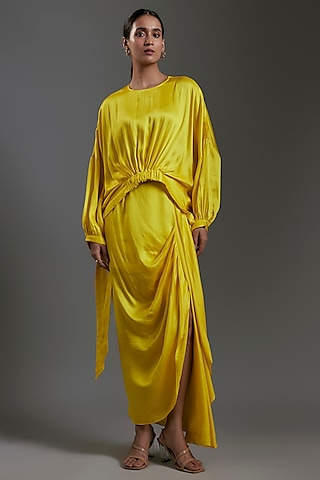 Yellow Modal Satin Pleated Skirt by Gulabo By Abu Sandeep