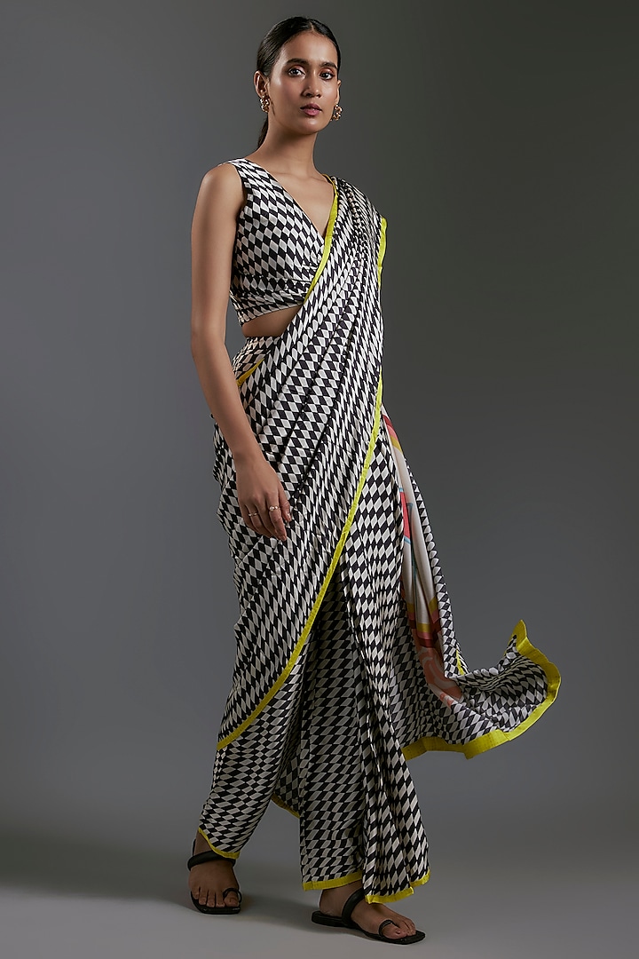 Black & White Modal Satin Printed Party Wear Saree by Gulabo By Abu Sandeep at Pernia's Pop Up Shop
