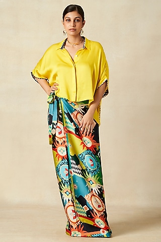 Yellow Modal Satin Oversized Crop Shirt by Gulabo By Abu Sandeep