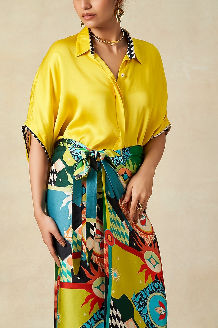 Yellow Modal Satin Oversized Crop Shirt by Gulabo By Abu Sandeep at Pernia's Pop Up Shop
