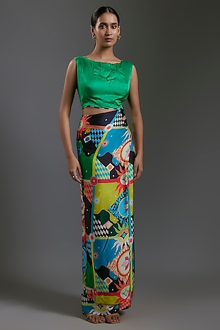 Multi-Colored Modal Satin Printed Pleated Skirt by Gulabo By Abu Sandeep