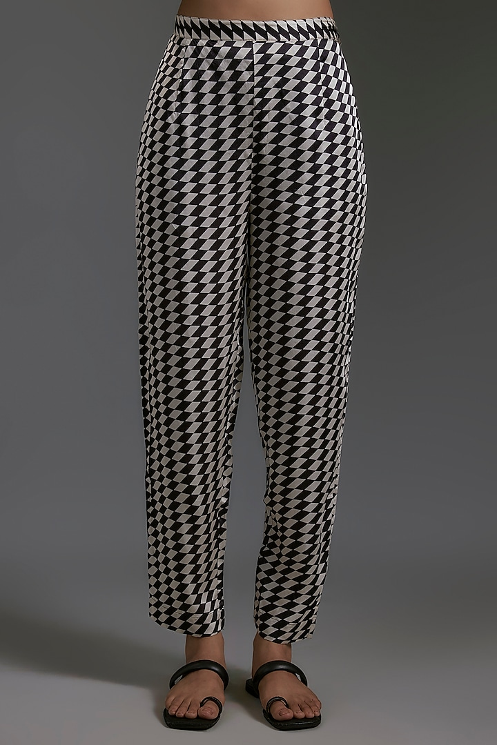 Black & White Modal Satin Printed Cigarette Pants by Gulabo By Abu Sandeep at Pernia's Pop Up Shop