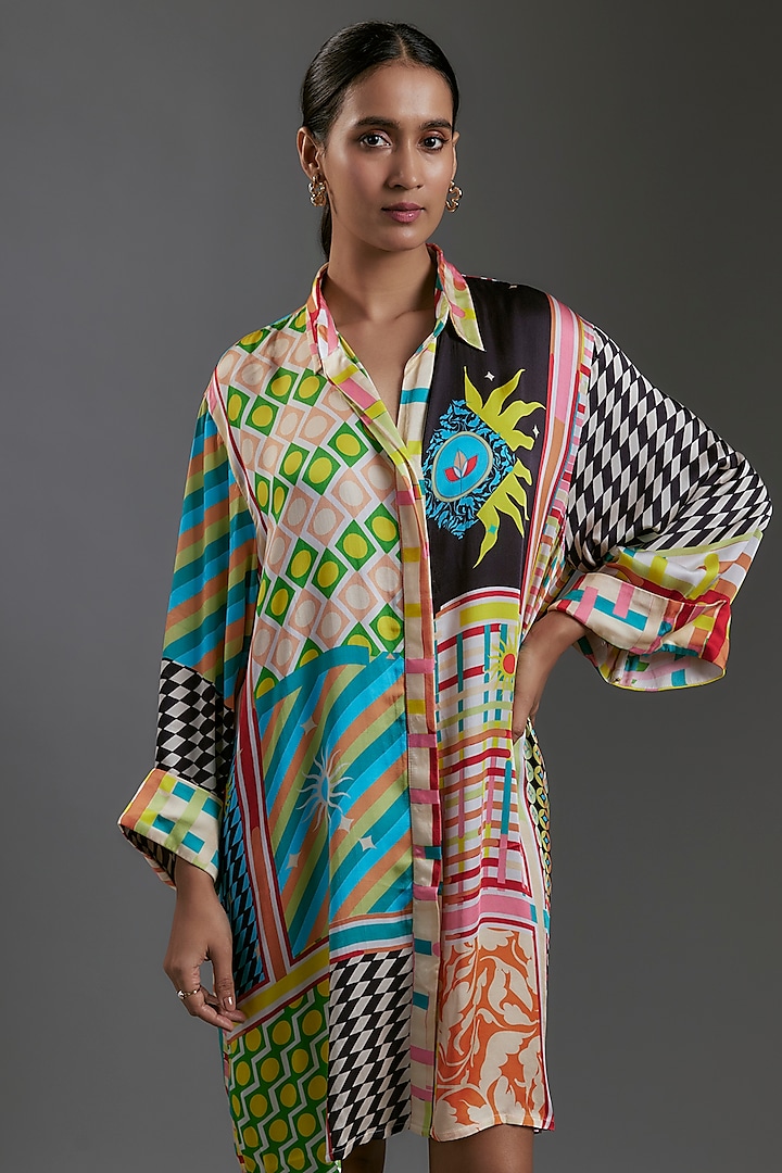 Multi-Colored Modal Satin Printed Oversized Shirt by Gulabo By Abu Sandeep at Pernia's Pop Up Shop