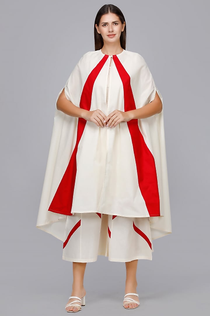 Off White & Red Cotton Cape by Gulabo By Abu Sandeep at Pernia's Pop Up Shop