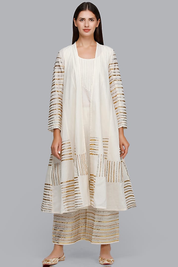 Off White Gota Embroidered Barcode Kalidar Coat by Gulabo By Abu Sandeep