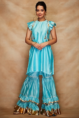 Aqua Pure Chanderi Silk Gharara Pants by Gulabo By Abu Sandeep