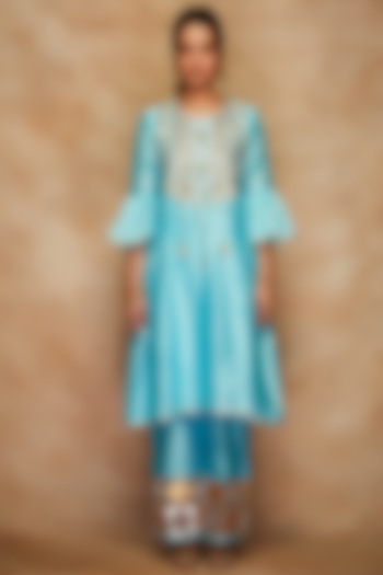 Aqua Kurta In Pure Chanderi Silk by Gulabo By Abu Sandeep at Pernia's Pop Up Shop
