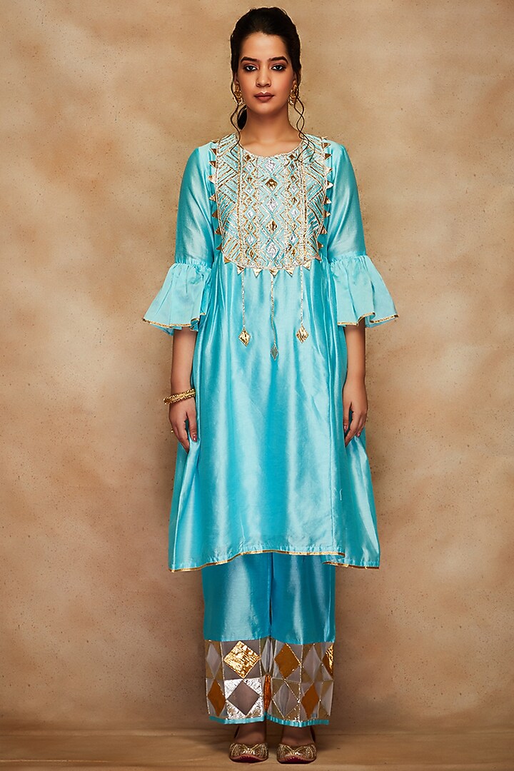 Aqua Kurta In Pure Chanderi Silk by Gulabo By Abu Sandeep at Pernia's Pop Up Shop