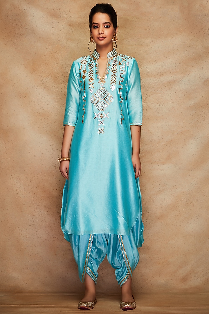 Aqua Pure Chanderi Silk A-Line Kurta by Gulabo By Abu Sandeep at Pernia's Pop Up Shop