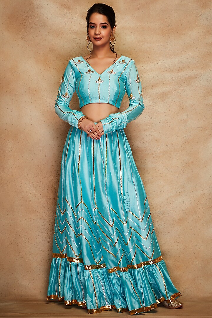 Aqua Pure Chanderi Silk Skirt by Gulabo By Abu Sandeep at Pernia's Pop Up Shop