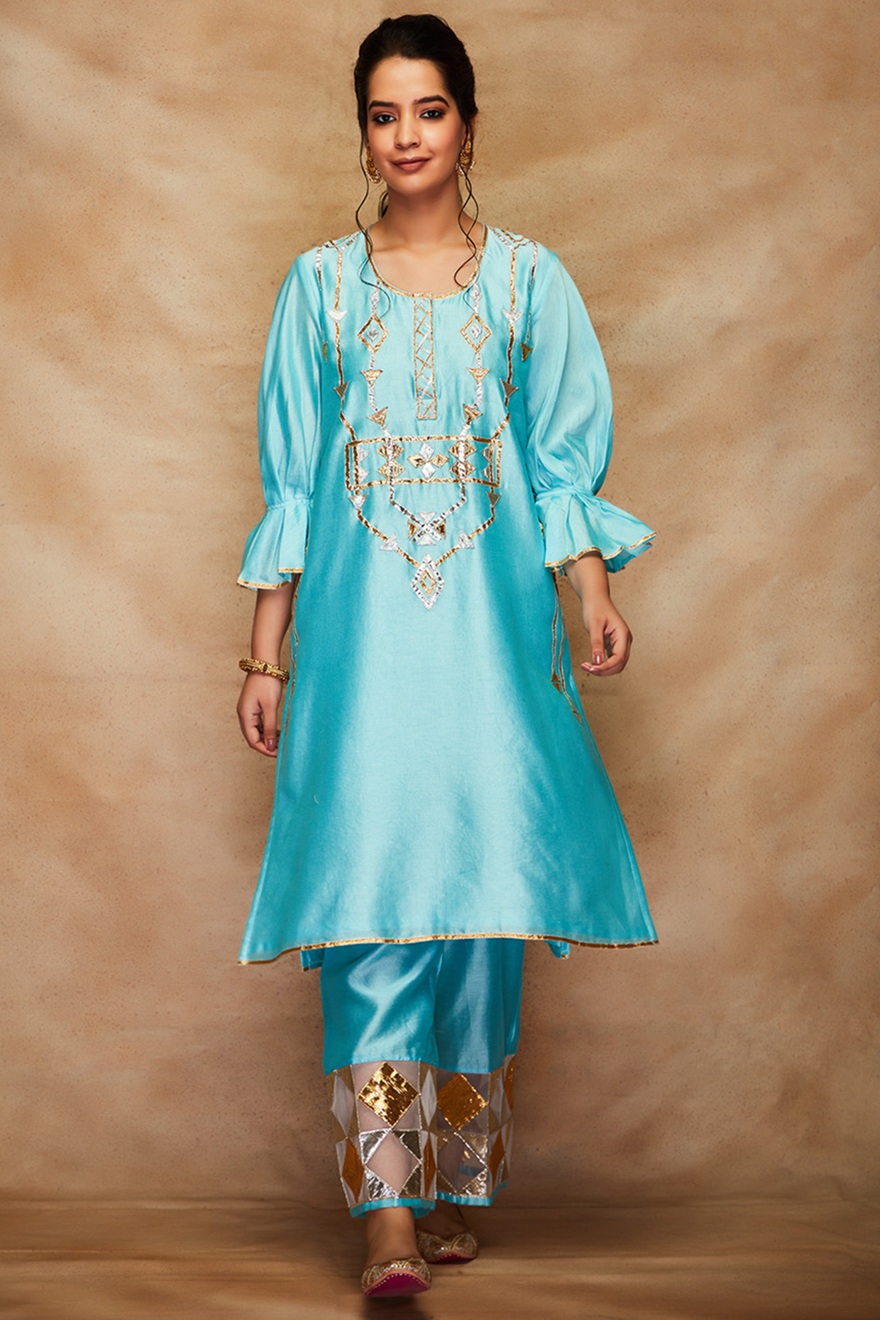 Aqua A-Line Kurta In Pure Chanderi Silk by Gulabo By Abu Sandeep at Pernia's Pop Up Shop