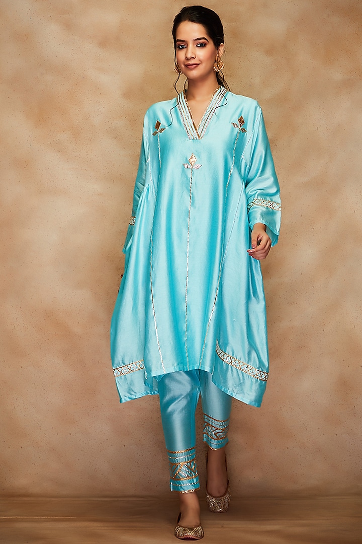 Aqua Pure Chanderi Silk Kimono Tunic by Gulabo By Abu Sandeep