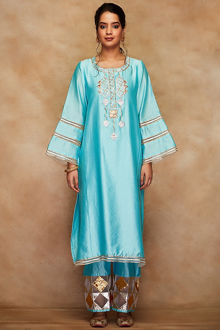 Aqua Pure Chanderi Silk Kalidar Kurta by Gulabo By Abu Sandeep at Pernia's Pop Up Shop