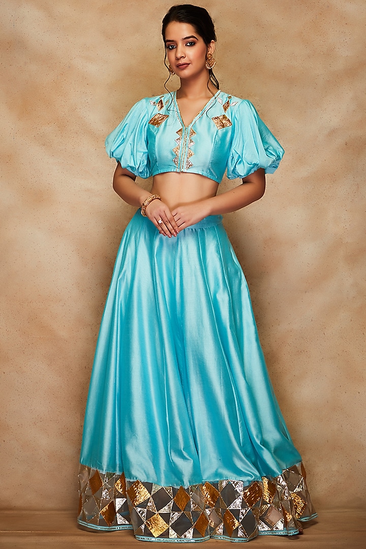 Aqua Pure Chanderi Silk Flared Skirt by Gulabo By Abu Sandeep