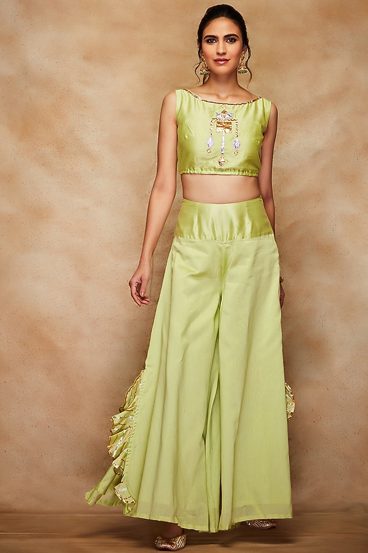 Pista Green Chanderi Silk Crop Top by Gulabo By Abu Sandeep at Pernia's Pop Up Shop