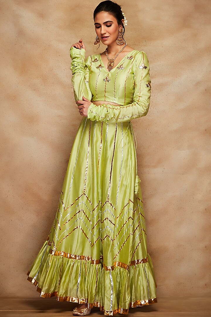 Pista Green Chanderi Silk Blouse by Gulabo By Abu Sandeep