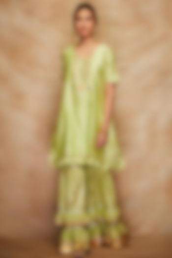 Pista Green Chanderi Silk Short Kurta by Gulabo By Abu Sandeep