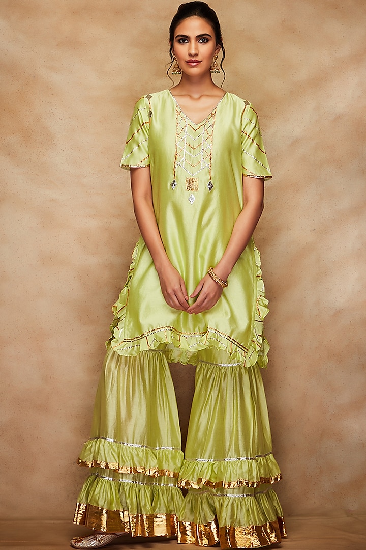 Pista Green Chanderi Silk Gharara Pants by Gulabo By Abu Sandeep at Pernia's Pop Up Shop