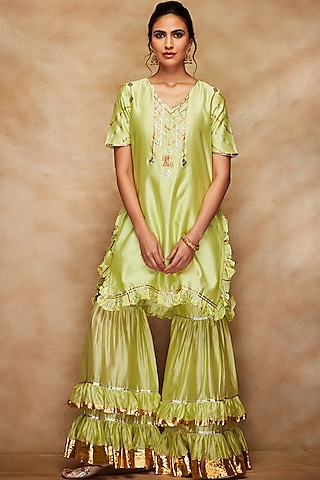 Pista Green Chanderi Silk Gharara Pants by Gulabo By Abu Sandeep