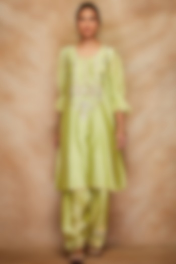 Pista Green Chanderi Silk A-Line Kurta by Gulabo By Abu Sandeep at Pernia's Pop Up Shop