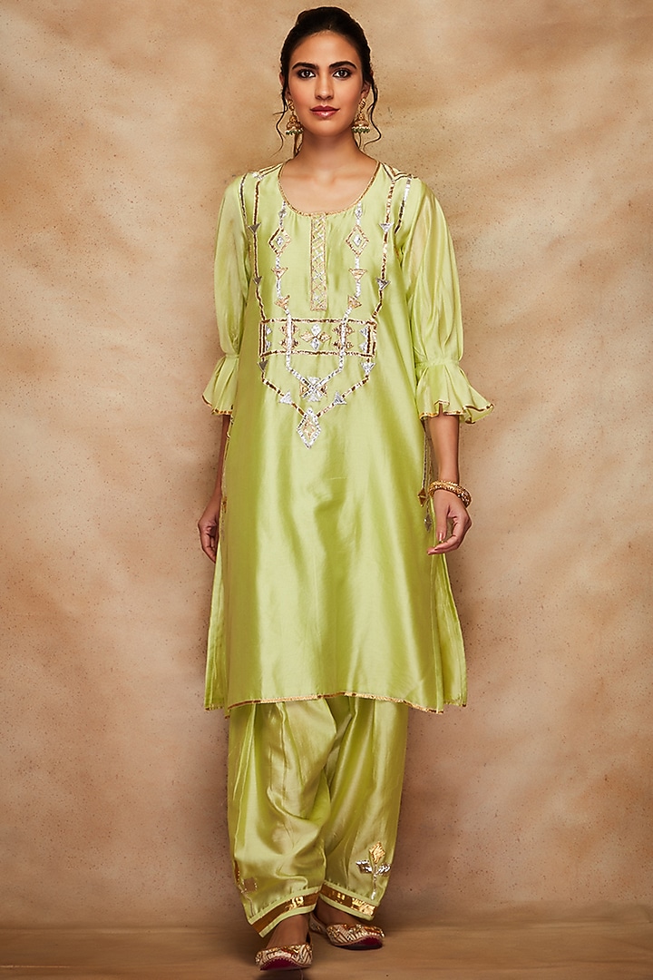 Pista Green Chanderi Silk A-Line Kurta by Gulabo By Abu Sandeep at Pernia's Pop Up Shop