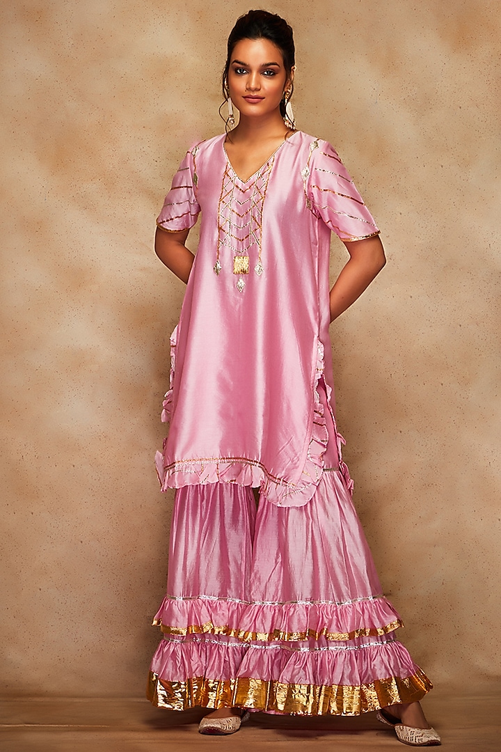 Pink Chanderi Gharara Pants by Gulabo By Abu Sandeep