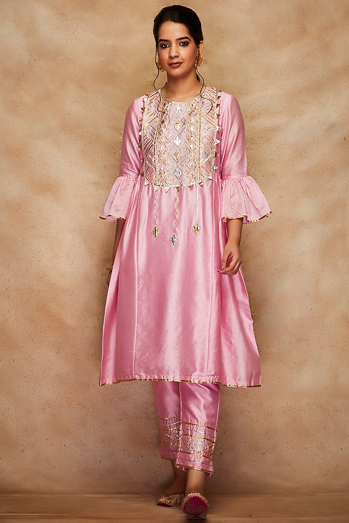 Pink Silk Gathered Kurta by Gulabo By Abu Sandeep at Pernia's Pop Up Shop
