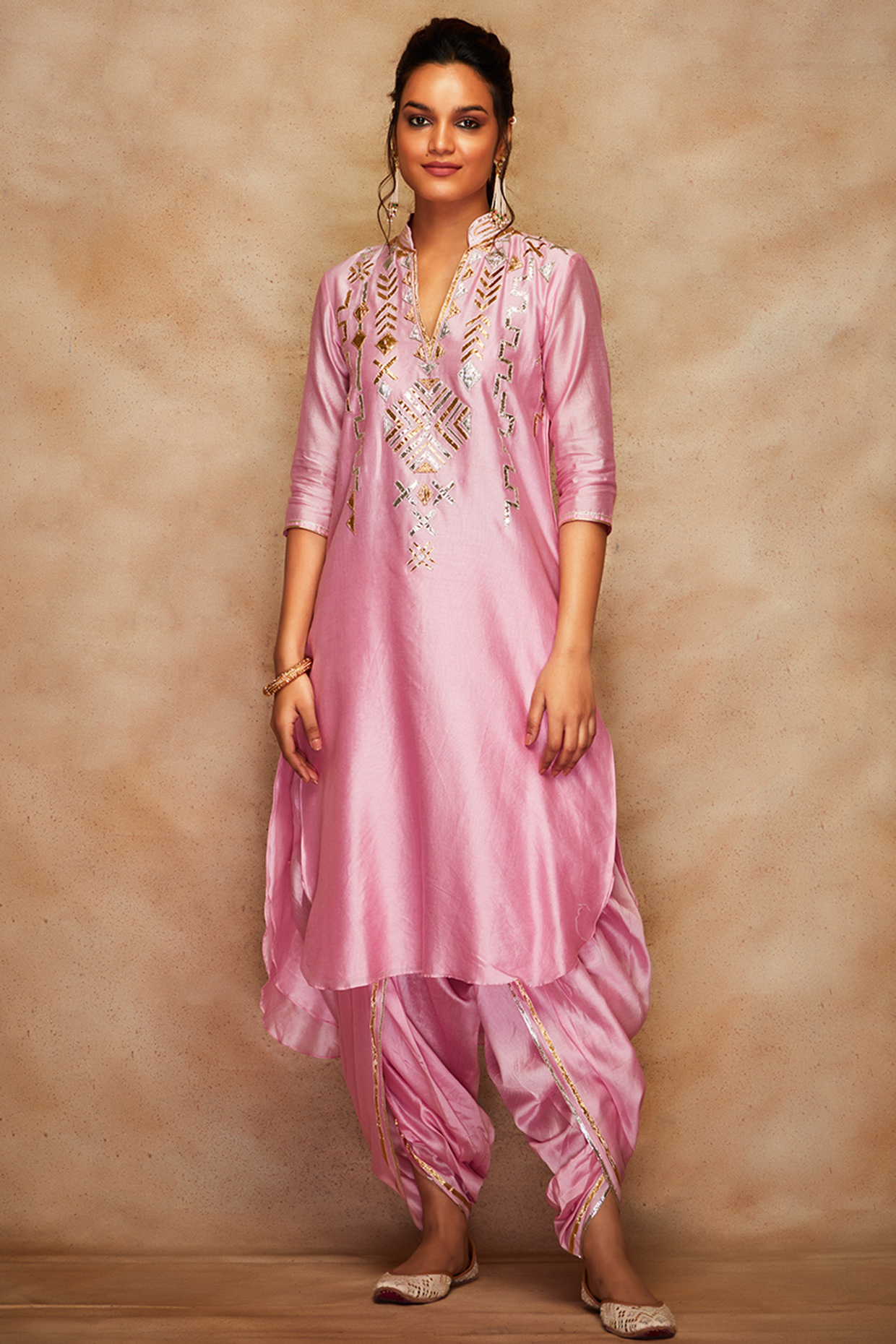 Pink Chanderi A-Line Kurta by Gulabo By Abu Sandeep at Pernia's Pop Up Shop