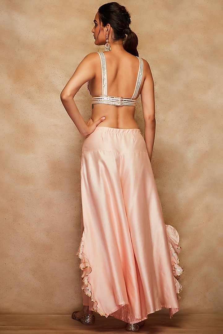 Peach Chanderi Ruffled Sharara Pants by Gulabo By Abu Sandeep at Pernia's Pop Up Shop