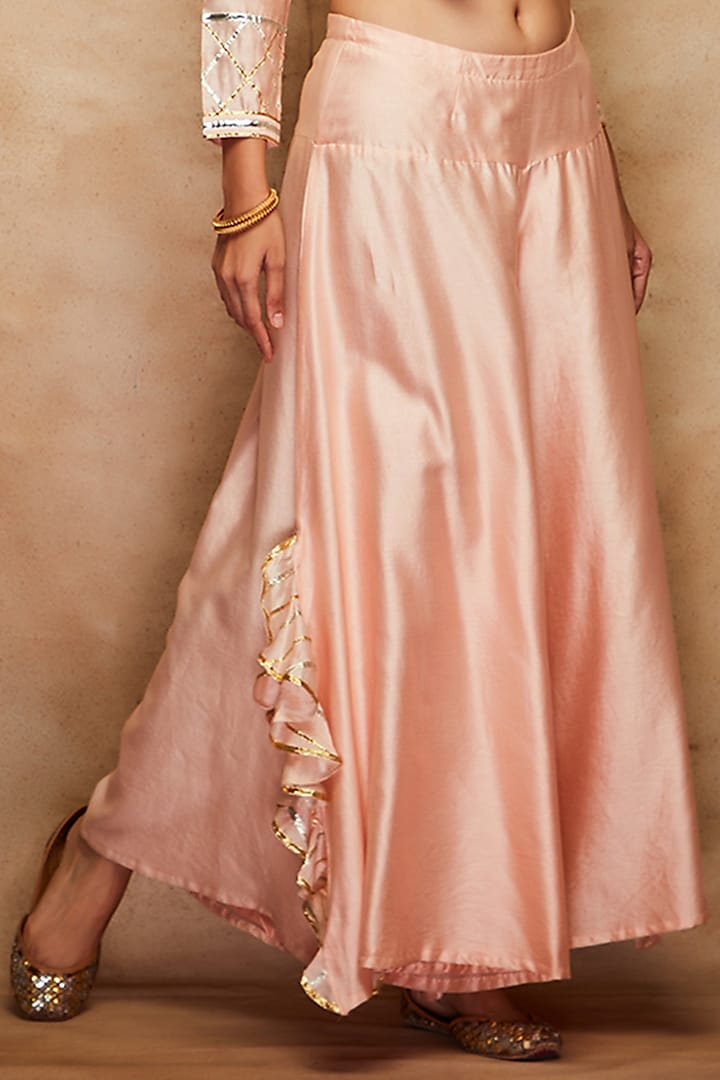 Peach Chanderi Ruffled Sharara Pants by Gulabo By Abu Sandeep at Pernia's Pop Up Shop