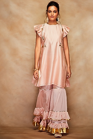 Peach Silk Ruffled Gharara Pants by Gulabo By Abu Sandeep