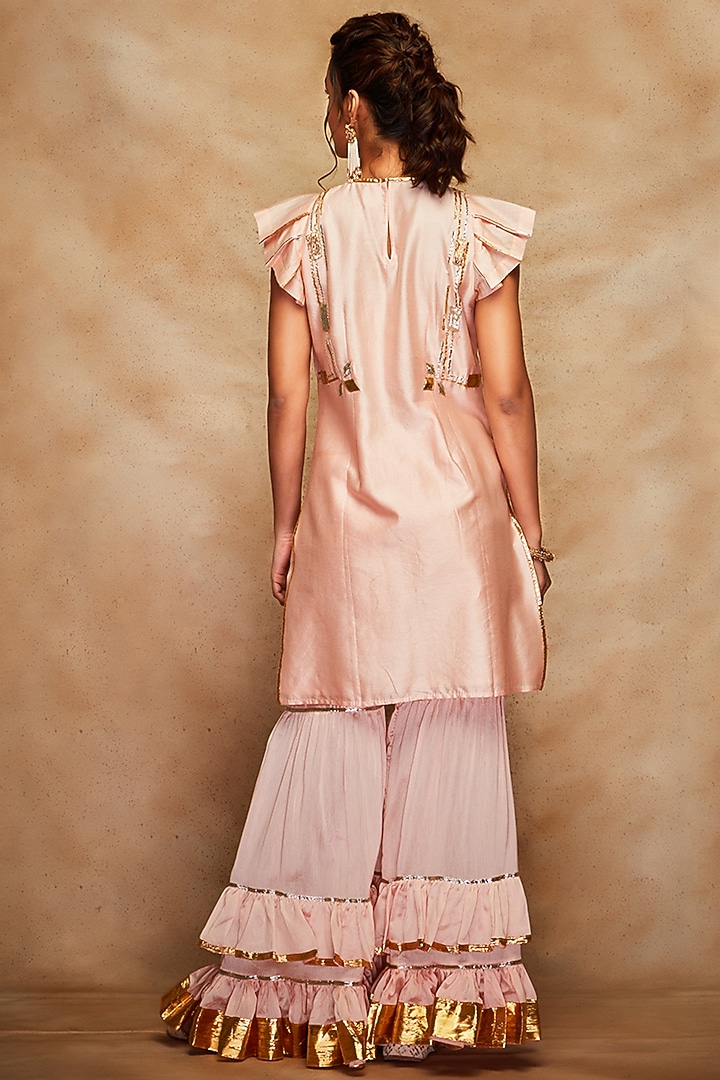 Peach Silk Ruffled Gharara Pants by Gulabo By Abu Sandeep at Pernia's Pop Up Shop