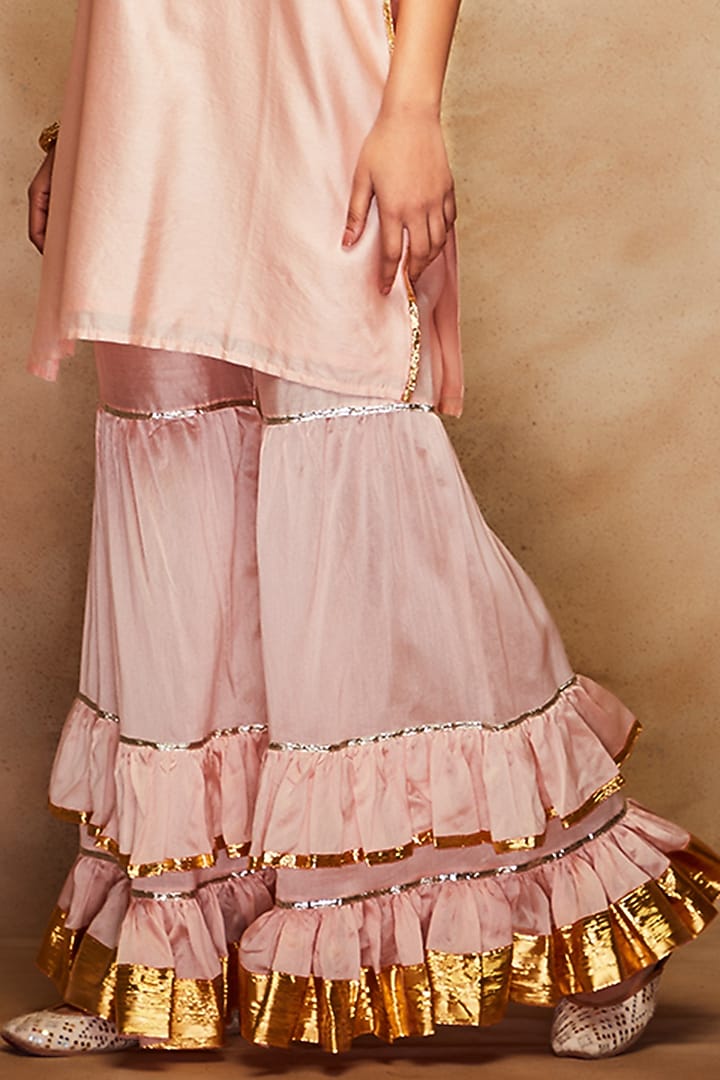 Peach Silk Ruffled Gharara Pants by Gulabo By Abu Sandeep at Pernia's Pop Up Shop